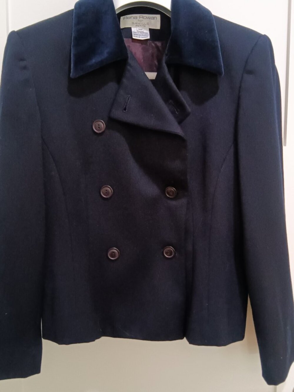 Rena Rowan Saville Petite Classic Navy Wool Double Breasted Blazer Velvet Collar